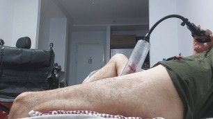 Disabled guy jerk off without playing with his fat cock but with a pumper!