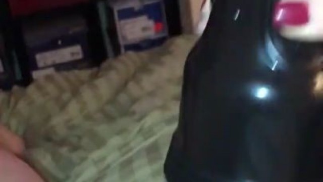 Horny girlfriend gets off fucking his cock with the new fleshlight she bought him