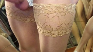 Lovely wank in preowned glossy Stayups in Natural and preowned white lace body