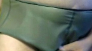 Small dick comes in rubber pants with penis sleeve