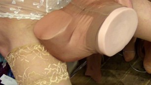 Cumming inside my pantyhosed masturbator in preowned glossy Stayups in Natural and preowned white lace body