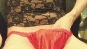 Cum wearing red satin panties