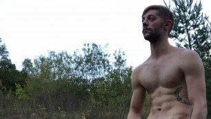 German boy jerks off completely naked in public outdoors cum masturbation Forrest woods huge muscle handsome small big