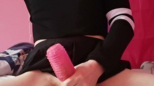 Goth femboy jerking off and cumming with a fleshlight