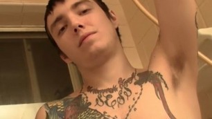 Tattooed straight thug Blinx masturbates cock and cums solo