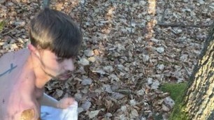 German boy self facial cum piss in public forest woods naked outdoor jerk off small dick big cock muscle straight guy