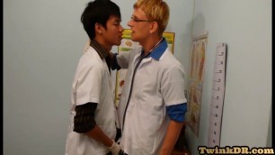 Skinny Asian twink barebacking 3some at doctor office